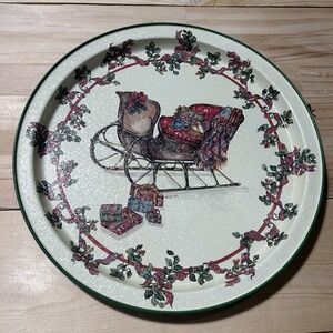Vtg 1992 Potpourri Press Holiday Metal Round Tray Sleigh Holly Gifts Christmas